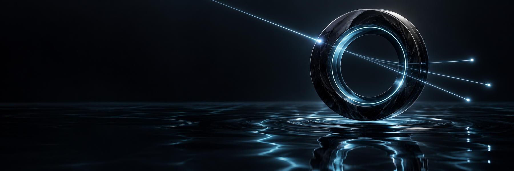A cyan aperture emerging from dark water
